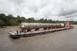 Deethanizer Tower on barge in the Amazon River